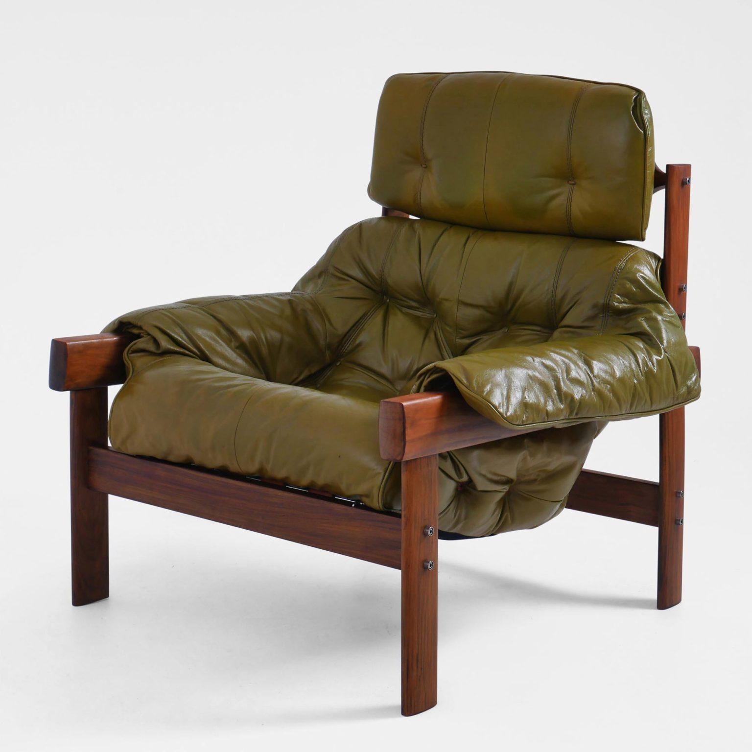 Percival Lafer MP-41 Silla de salón y otomana, Brasil, años 70 - Piel verde mediados del siglo XX en venta