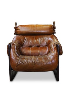Percival Lafer Mp97 Brown Leather Armchair in Jatoba Wood with Rosewood Finish