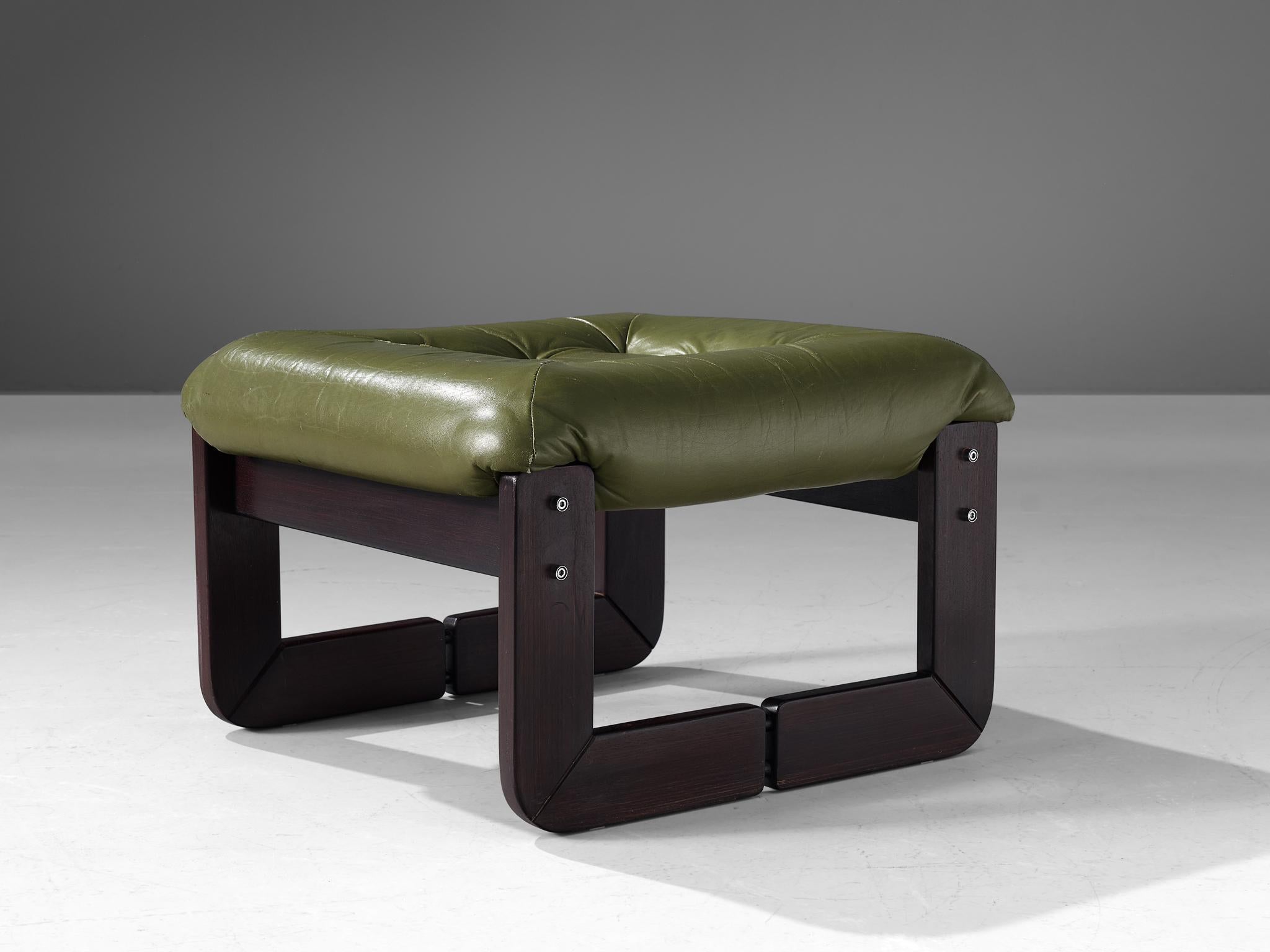 Mid-Century Modern Percival Lafer Ottoman in Olive Green Leather and Mahogany  For Sale