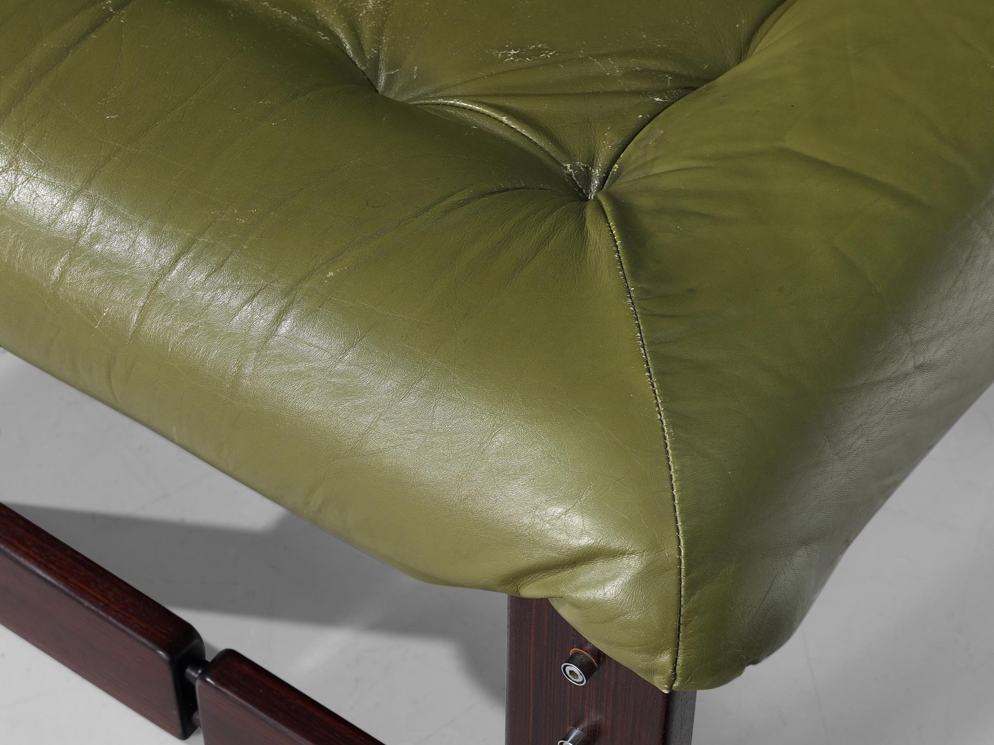 Brazilian Percival Lafer Ottoman in Olive Green Leather and Mahogany  For Sale