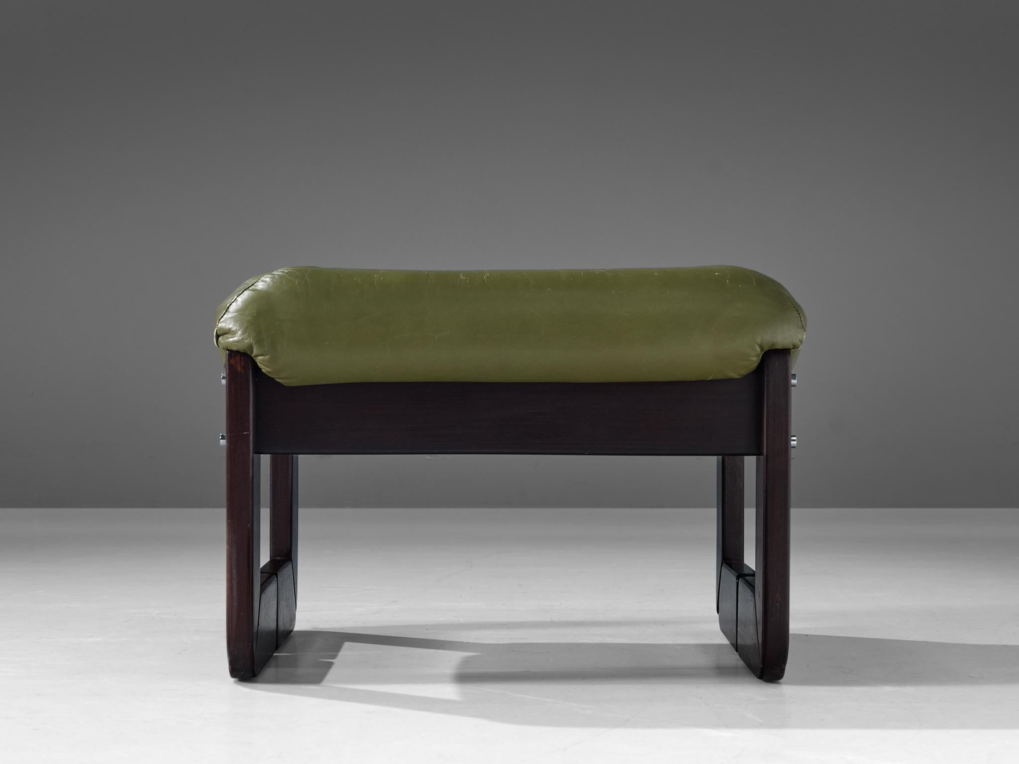 Percival Lafer Ottoman in Olive Green Leather and Mahogany  For Sale 1