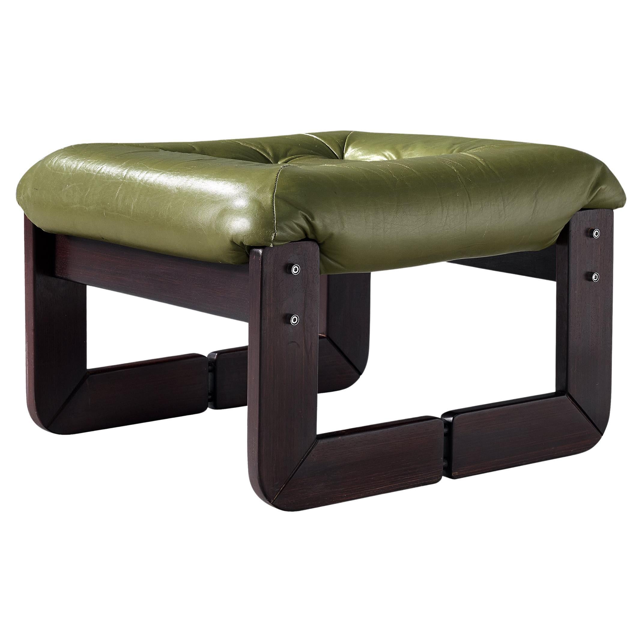 Percival Lafer Ottoman in Olive Green Leather and Mahogany  For Sale