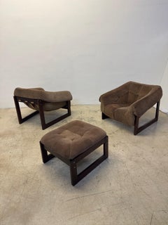 Percival Lafer Pair of Mp-79 Brown Suede Leather Lounge Chairs With Ottoman