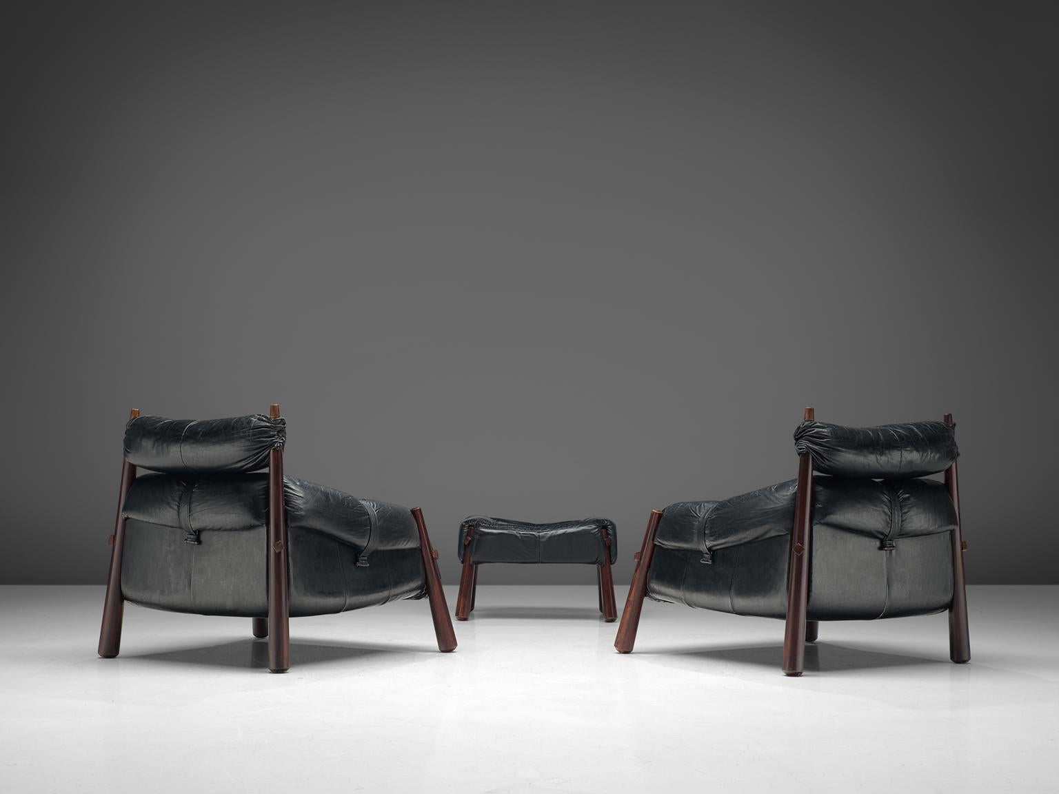 Mid-Century Modern Percival Lafer Pair of 'MP-81' Lounge Chairs with Ottoman in Rosewood and Black