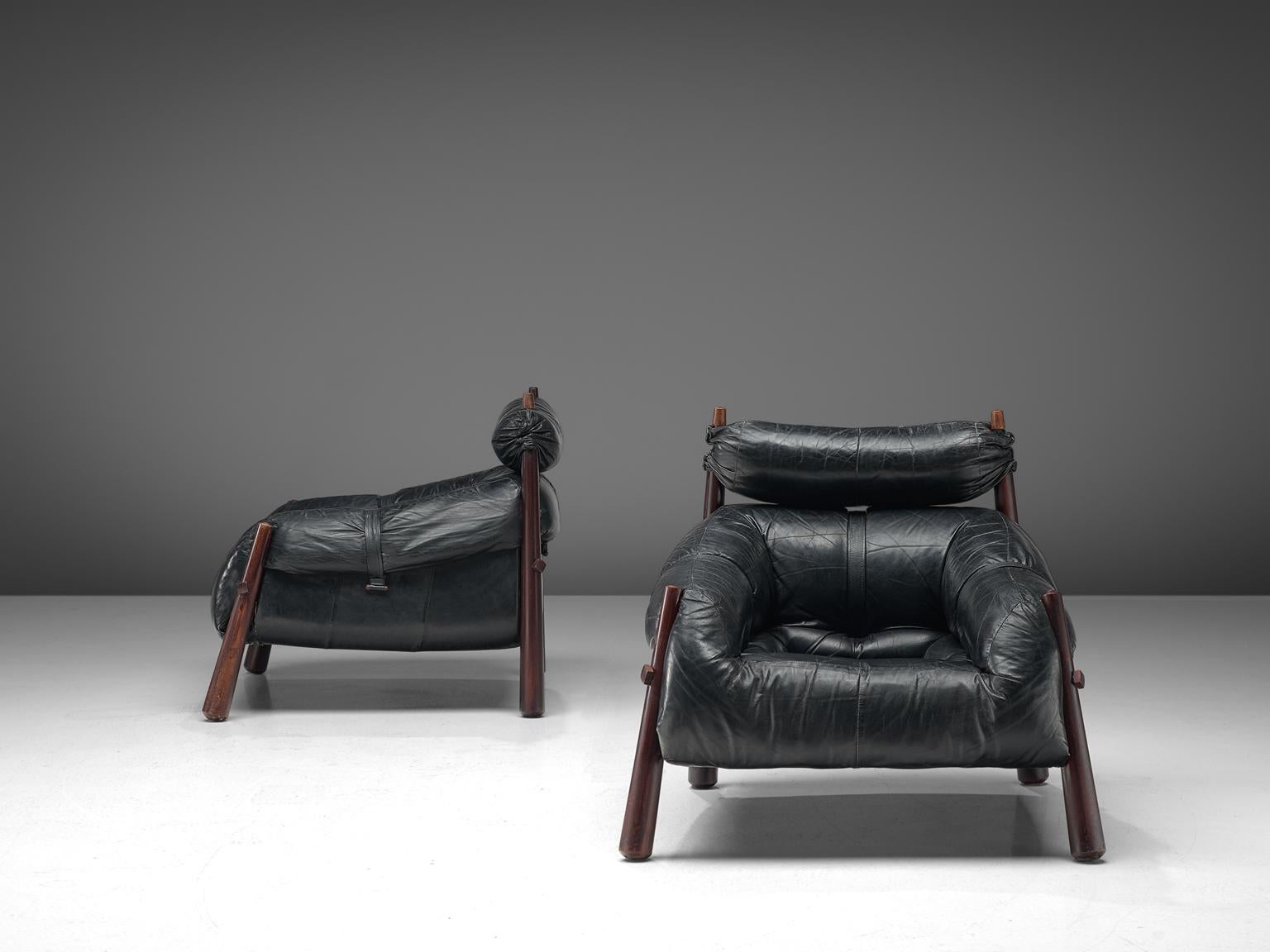 Brazilian Percival Lafer Pair of 'MP-81' Lounge Chairs with Ottoman in Rosewood and Black