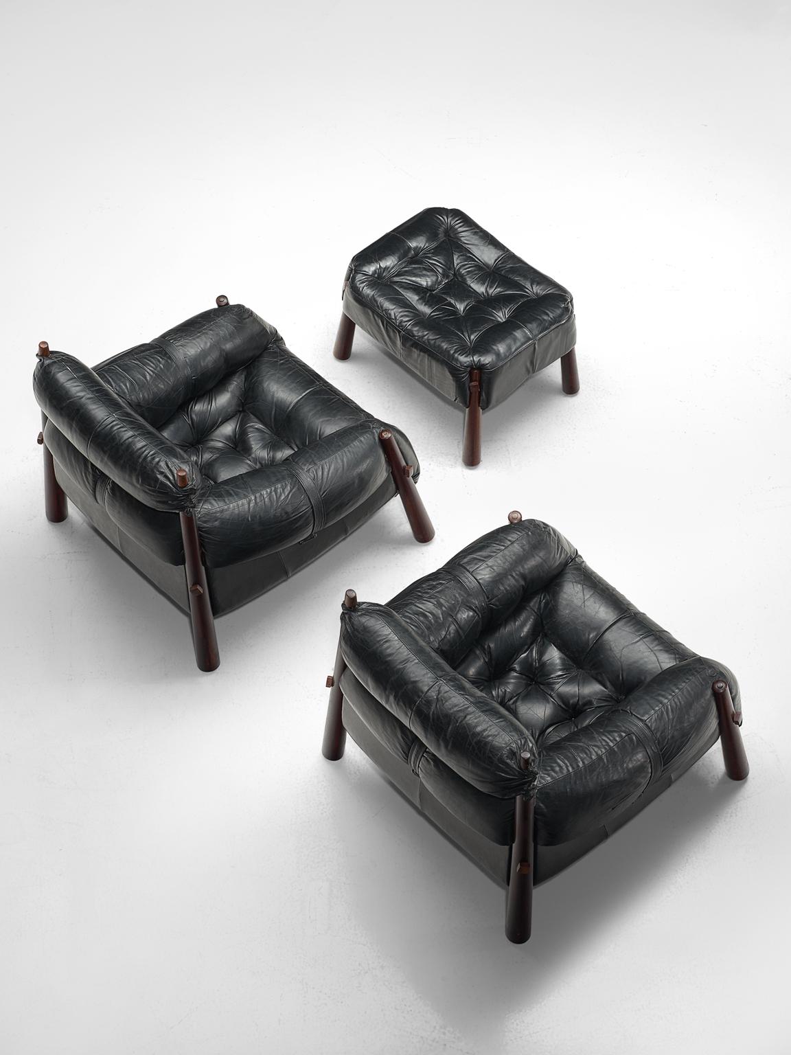 Percival Lafer Pair of 'MP-81' Lounge Chairs with Ottoman in Rosewood and Black In Good Condition In Waalwijk, NL