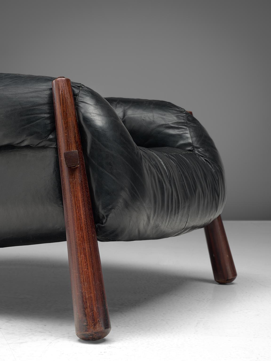Leather Percival Lafer Pair of 'MP-81' Lounge Chairs with Ottoman in Rosewood and Black