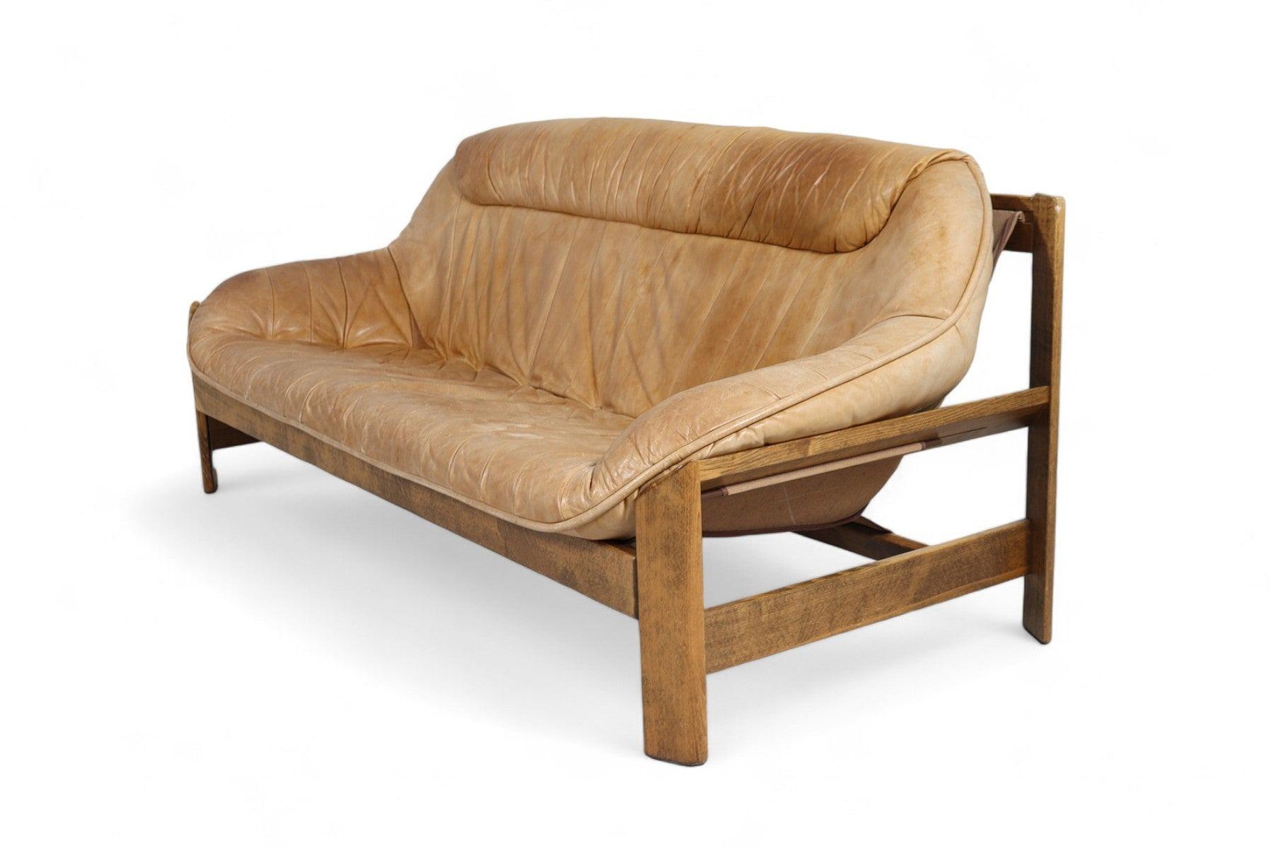 Mid-Century Modern Percival Lafer Patinated Oak + Leather Sofa