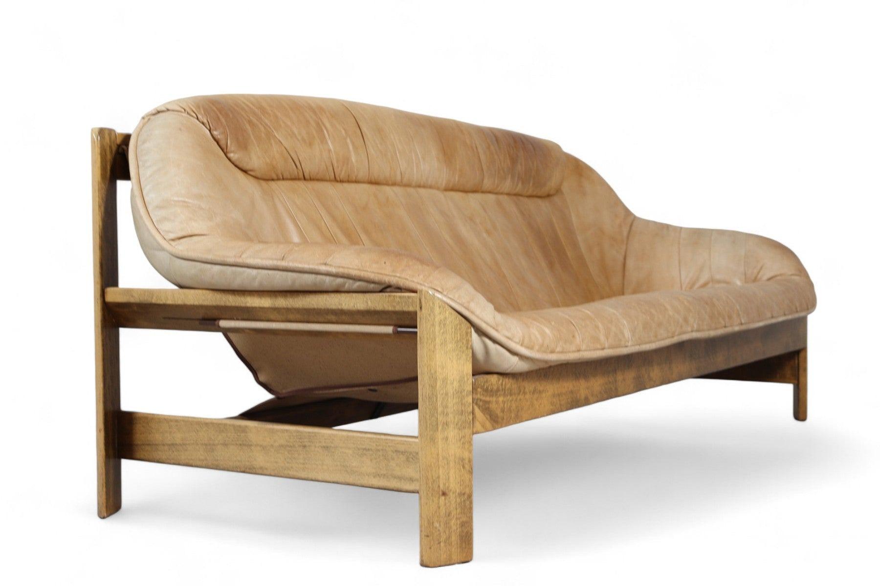 Brazilian Percival Lafer Patinated Oak + Leather Sofa