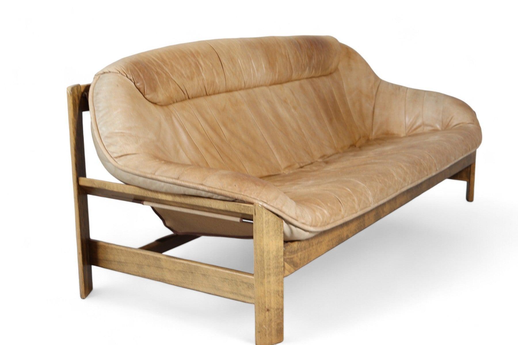 20th Century Percival Lafer Patinated Oak + Leather Sofa
