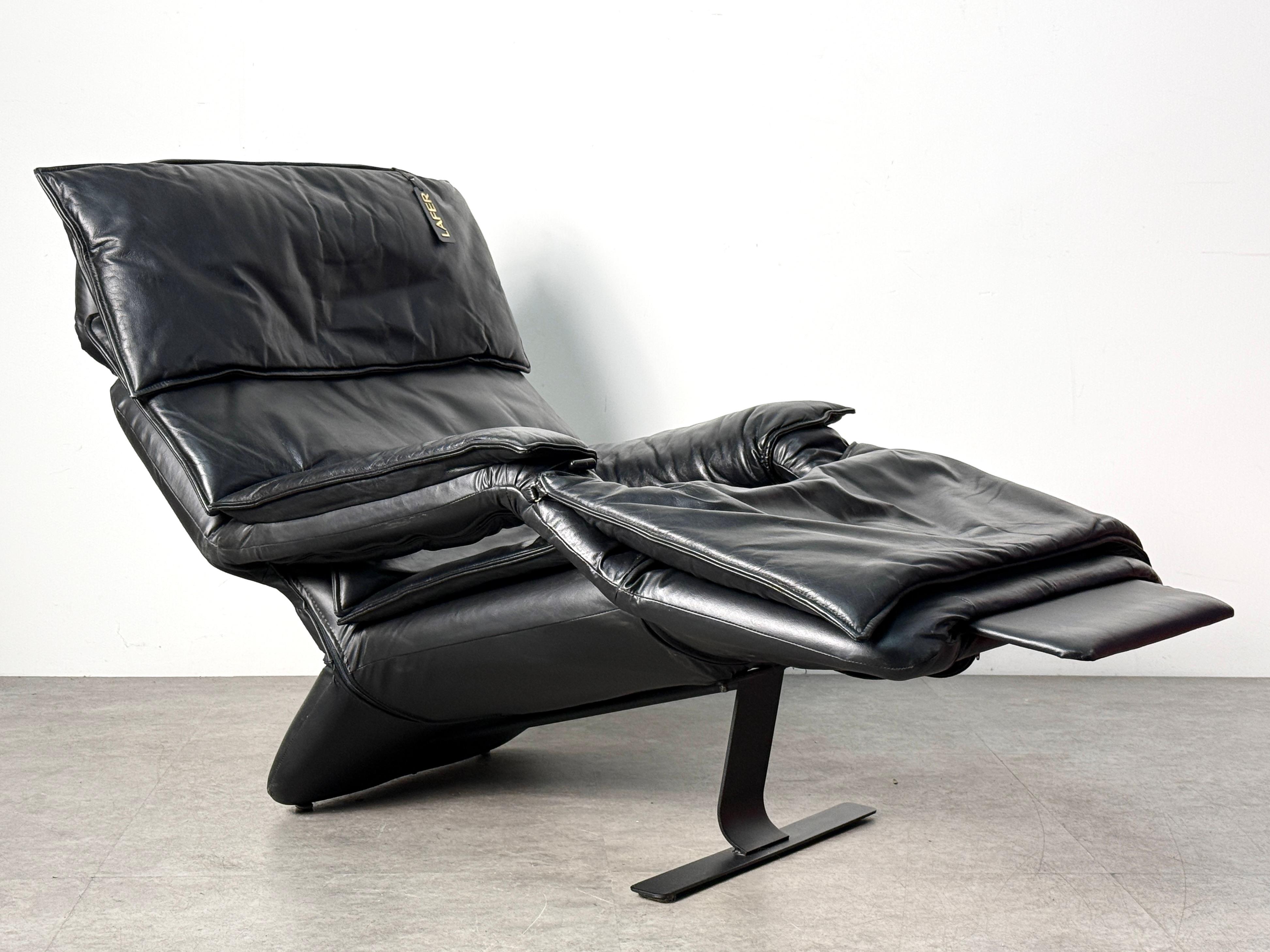 Brasiliano Percival Lafer Post Modern Brazilian Black Leather Reclining Pony Lounge Chair in vendita