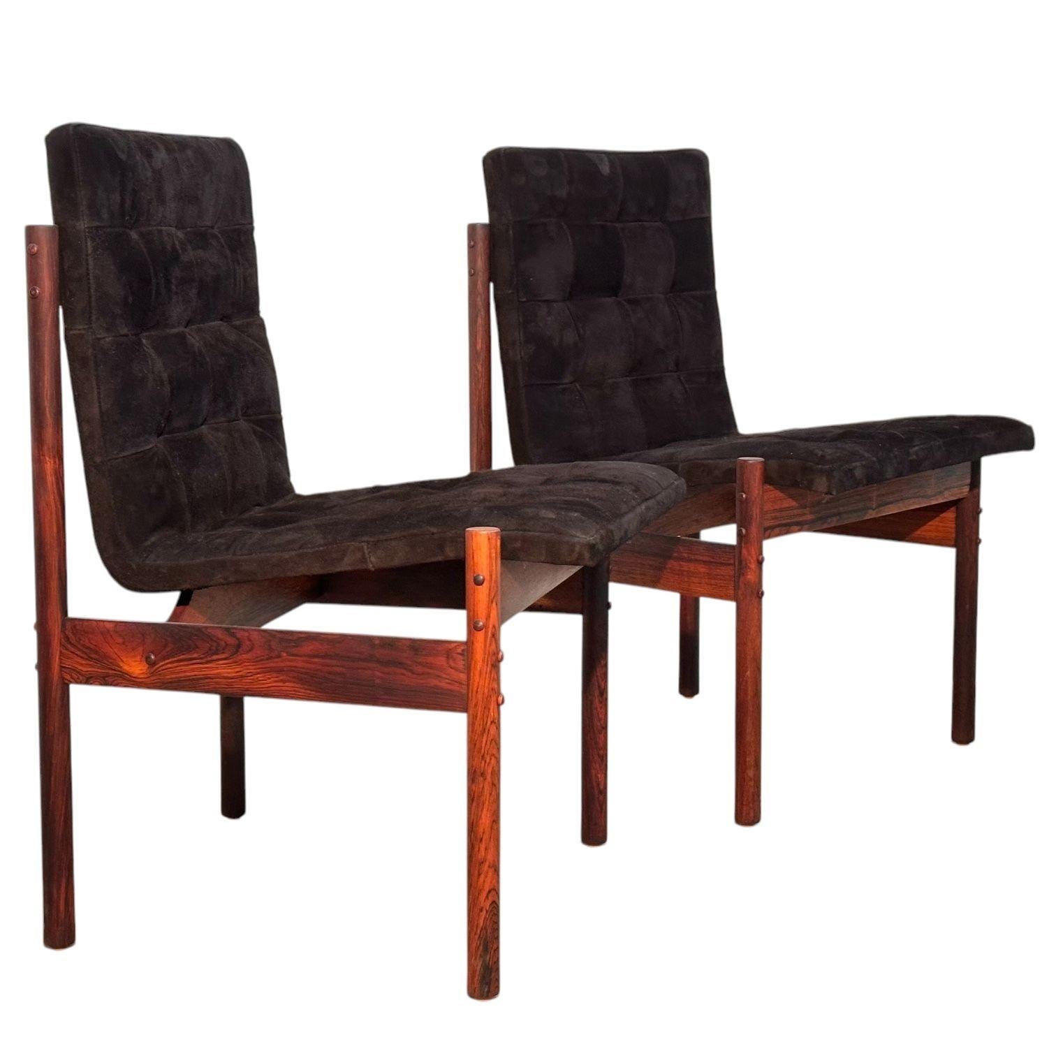 Brazilian Percival Lafer Rosewood & Black Suede Dining Chairs, set of 4, Brazil For Sale