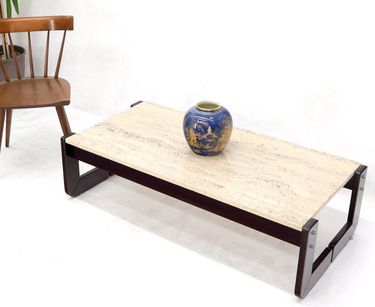 Percival Lafer Rosewood Frame Travertine MarbleTop Rectangle Coffee Table at 1stDibs