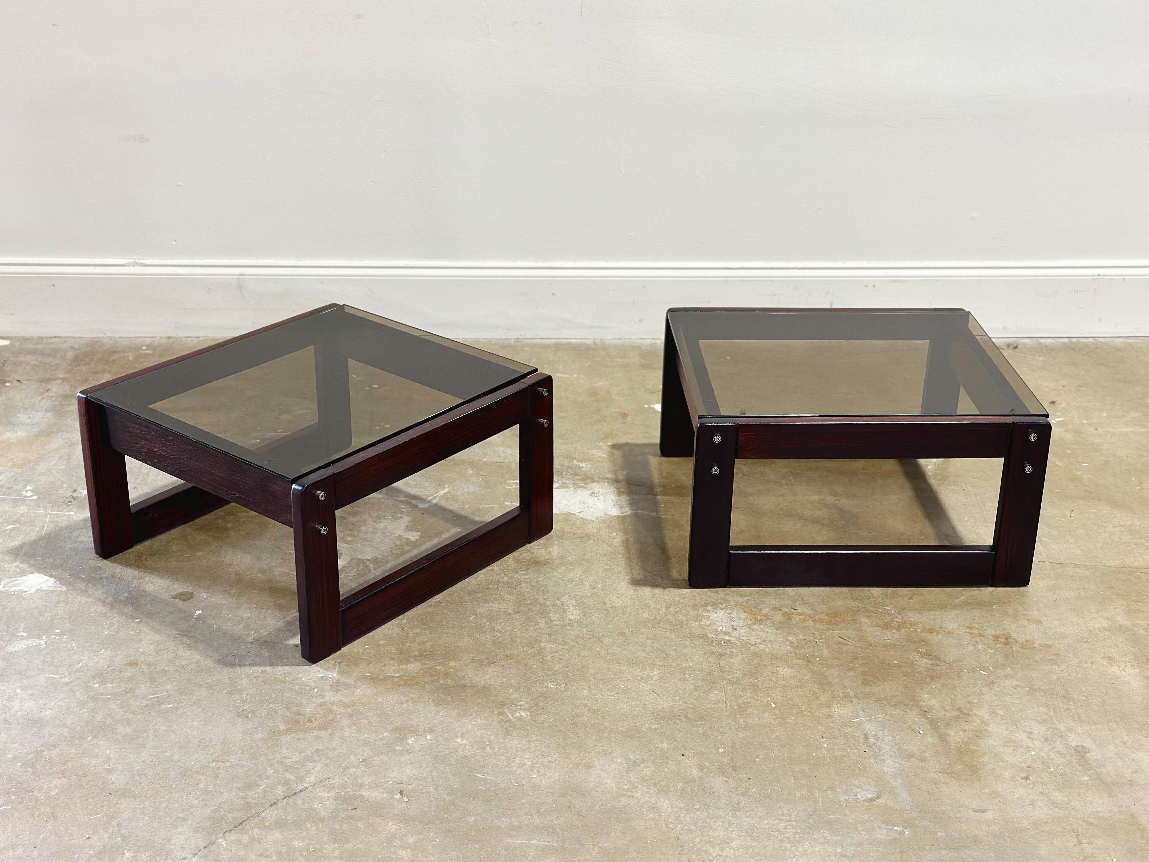 Mid-Century Modern Percival Lafer Side Tables, Midcentury Brazilian Modern Rosewood + Smoked Glass