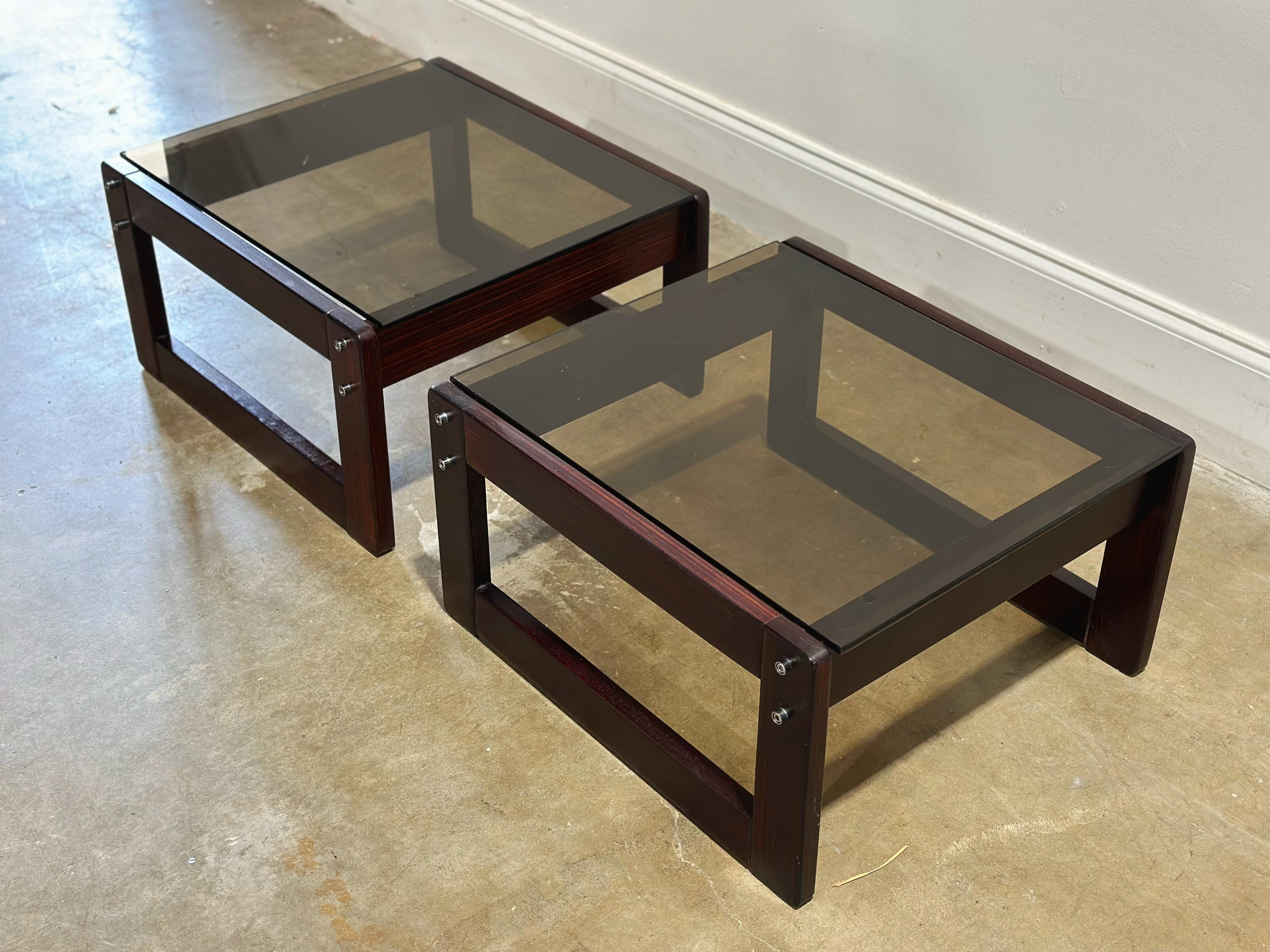 Percival Lafer Side Tables, Midcentury Brazilian Modern Rosewood + Smoked Glass In Good Condition In Decatur, GA