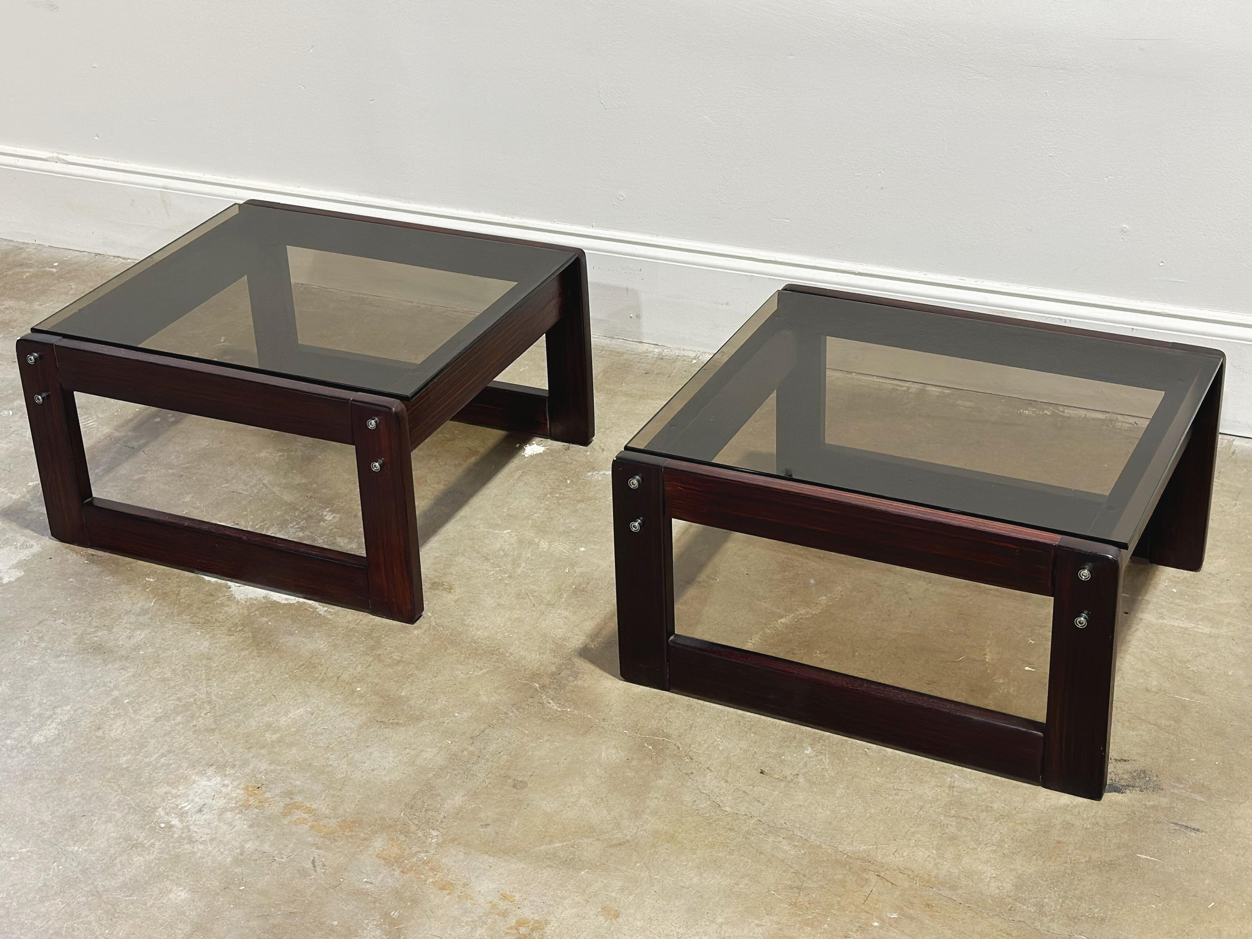 Percival Lafer Side Tables, Midcentury Brazilian Modern Rosewood + Smoked Glass 1