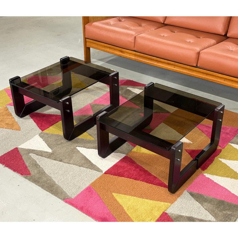 Mid-Century Modern Percival Lafer Smoked Glass Rosewood Brazilian Modern Side Tables For Sale