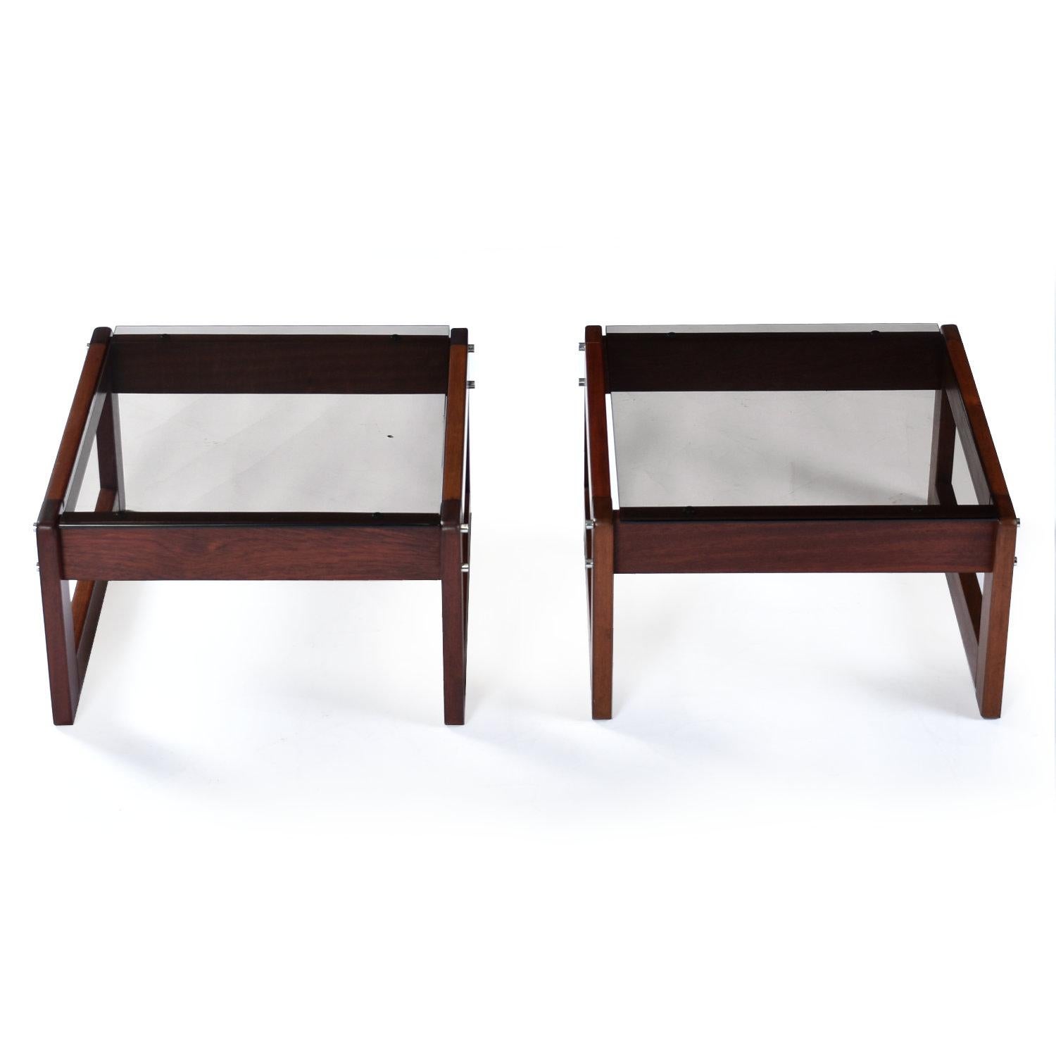 Late 20th Century Percival Lafer Smoked Glass Top Brazilian Modern Rosewood End Tables For Sale