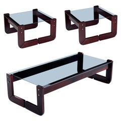 Percival Lafer Smoked Glass Top Rosewood Base 3-Piece End Table Coffee Table Set