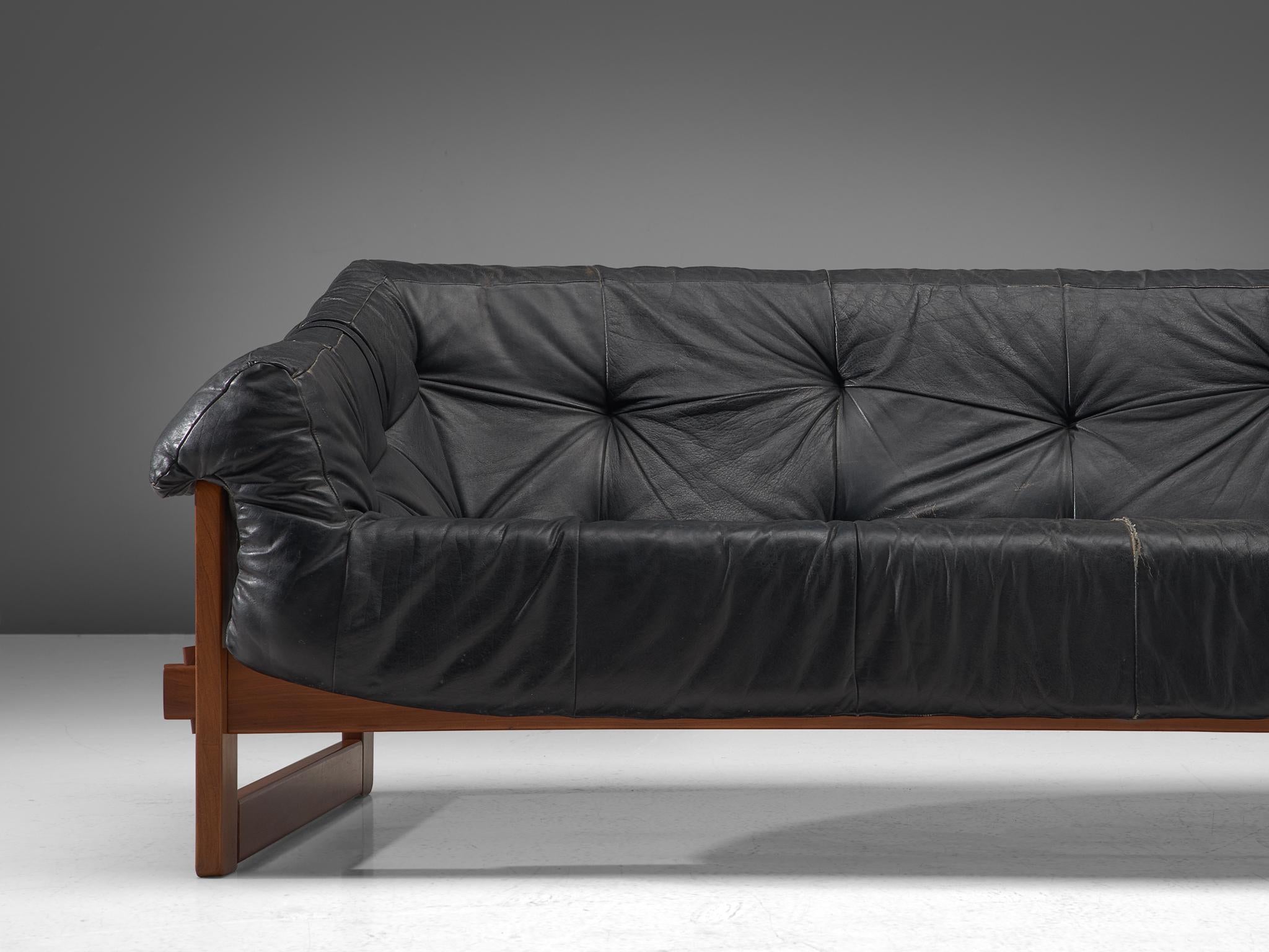 Percival Lafer Sofa in Original Black Leather In Good Condition In Waalwijk, NL