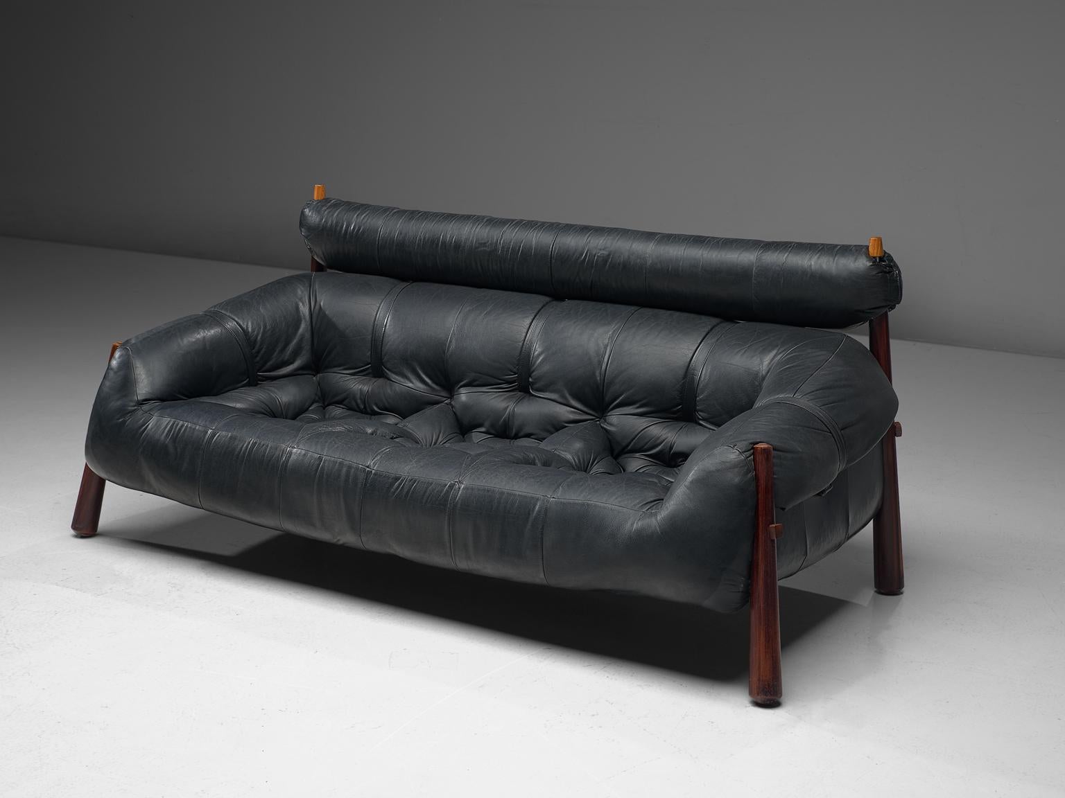 Mid-Century Modern Percival Lafer Sofa in Rosewood and Black Leather