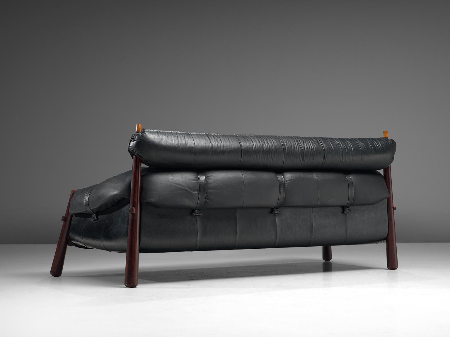 Brazilian Percival Lafer Sofa in Rosewood and Black Leather