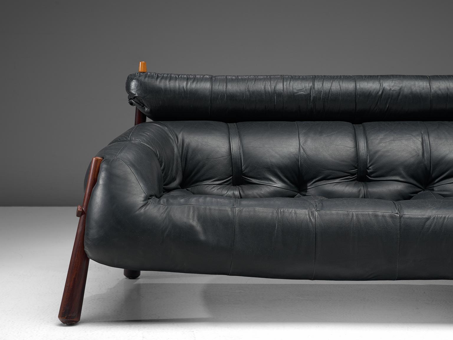 Percival Lafer Sofa in Rosewood and Black Leather In Good Condition In Waalwijk, NL