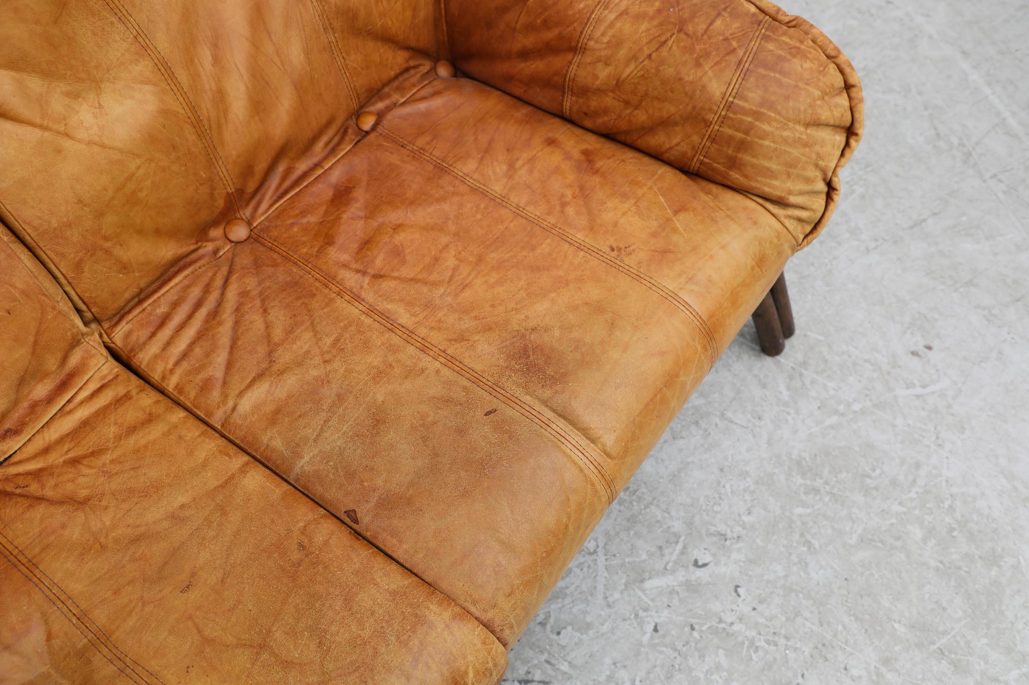 Percival Lafer Style Brutalist Bamboo Framed Loveseat w/ Cognac Leather Cushions For Sale 7