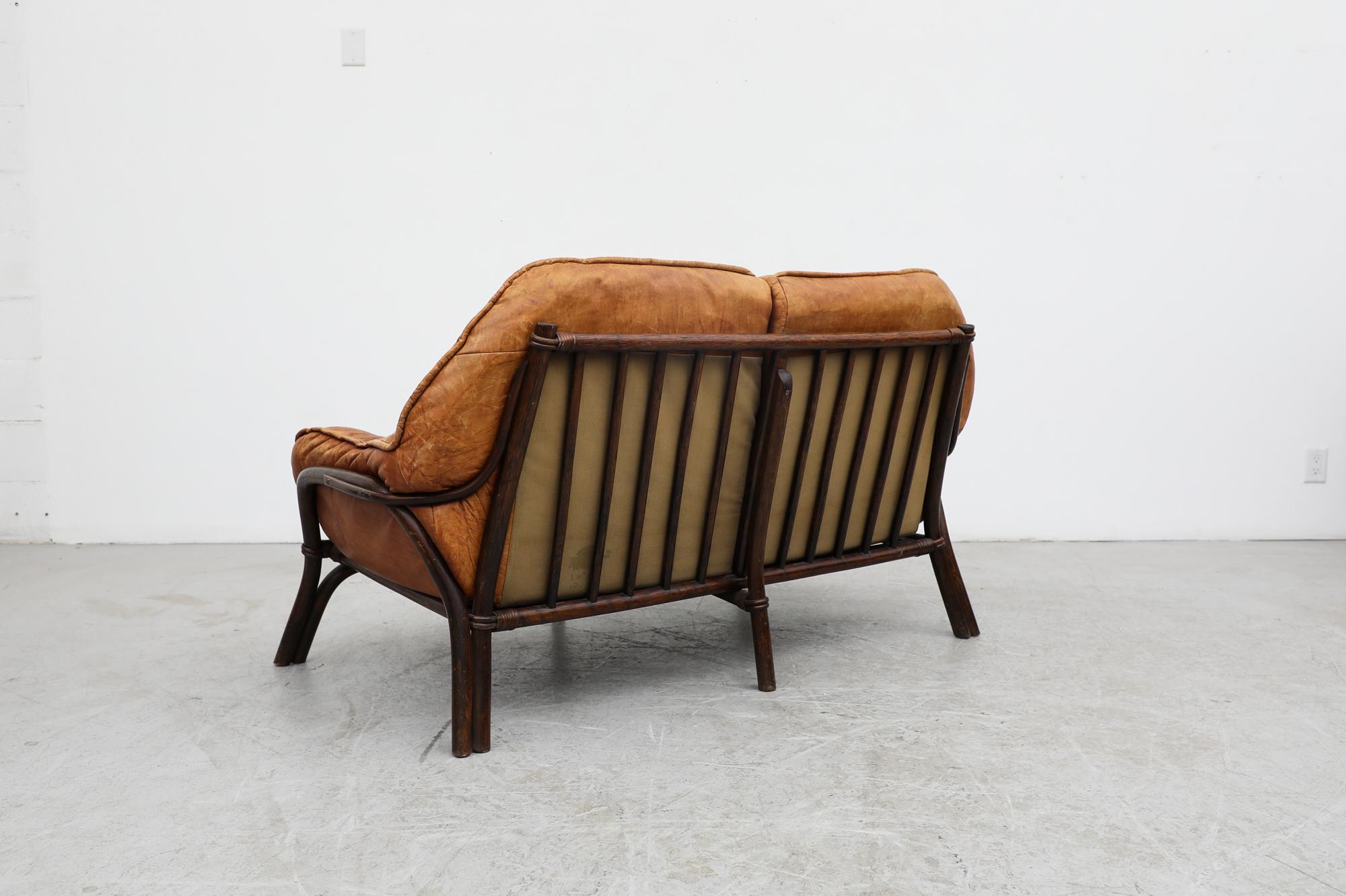 Mid-Century Modern Percival Lafer Style Brutalist Bamboo Framed Loveseat w/ Cognac Leather Cushions For Sale