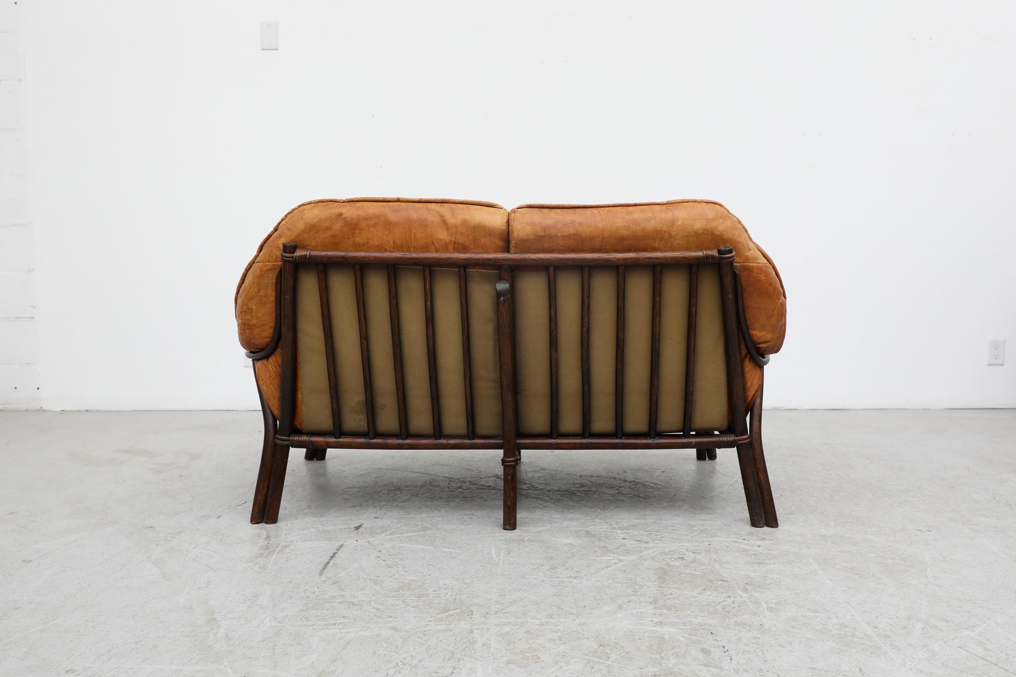Dutch Percival Lafer Style Brutalist Bamboo Framed Loveseat w/ Cognac Leather Cushions For Sale