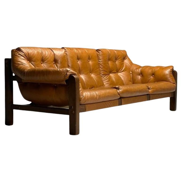 Percival Lafer Style, Mid-Century Modern Three Seater Sofa, Leather, Wood, 1980s