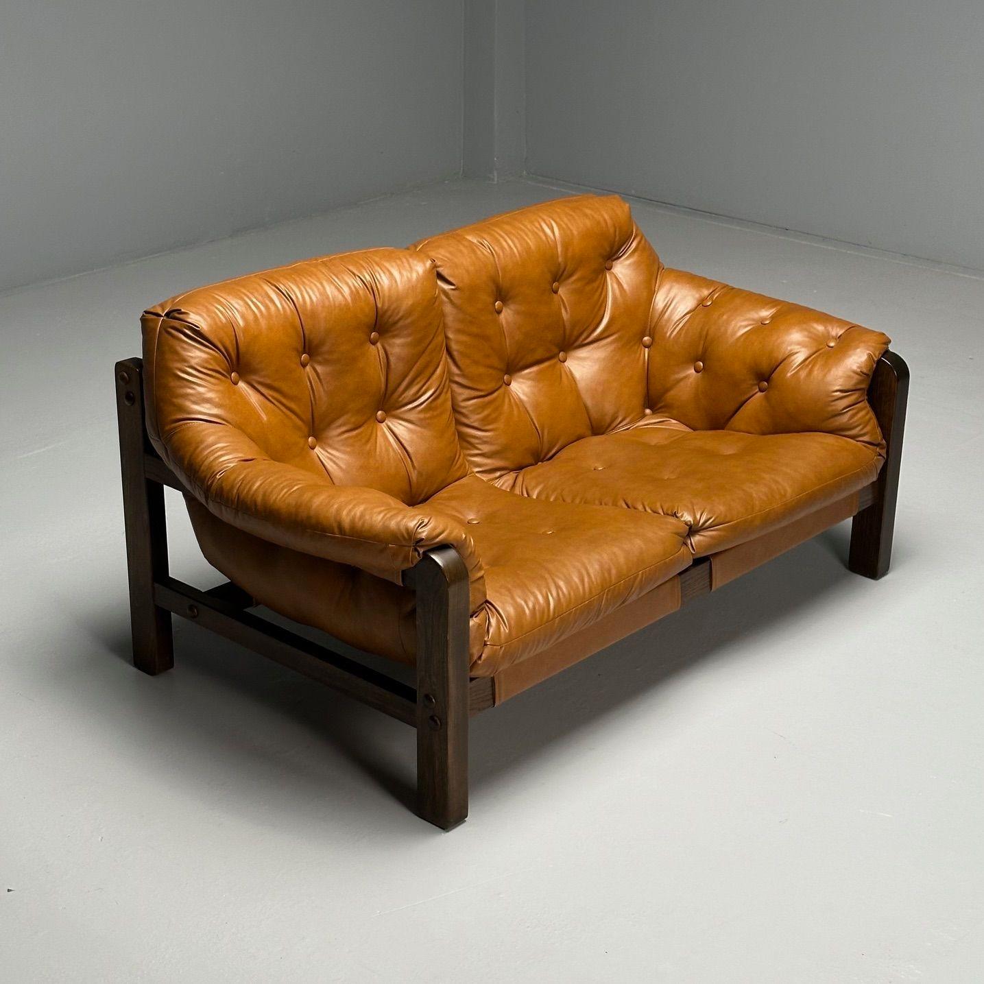 American Percival Lafer Style, Mid-Century Modern, Two Seater Sofa, Leather, Wood, 1980s