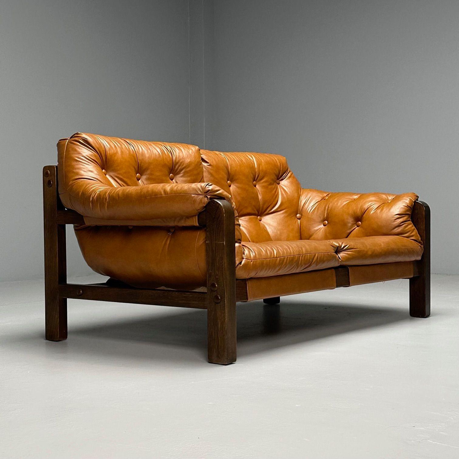 Late 20th Century Percival Lafer Style, Mid-Century Modern, Two Seater Sofa, Leather, Wood, 1980s