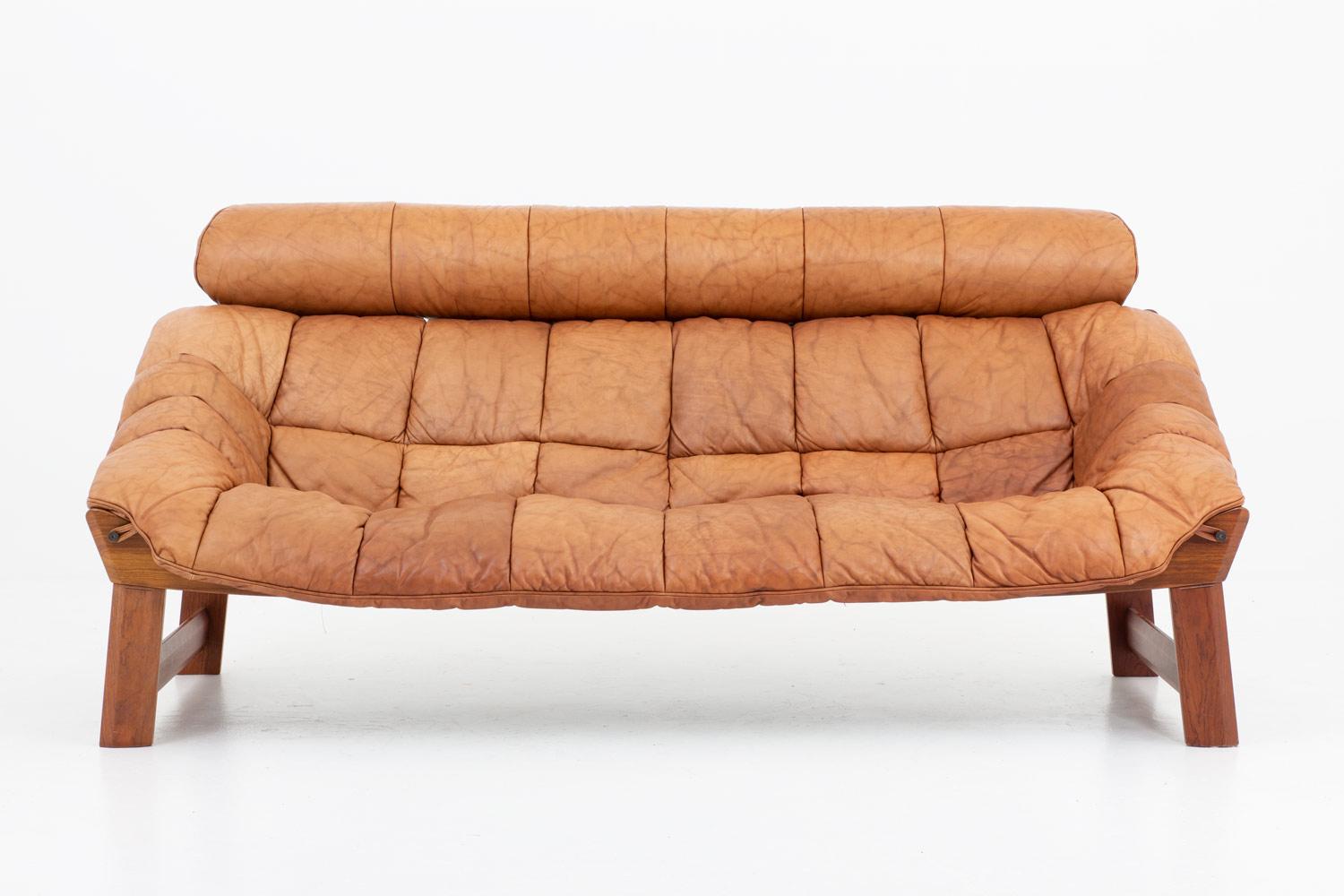 Mid-Century Modern Percival Lafér-Style Sofas and Lounge Chair in Cognac Leather