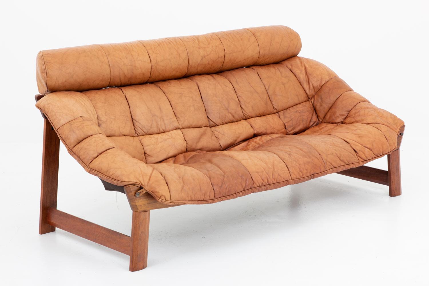 20th Century Percival Lafér-Style Sofas and Lounge Chair in Cognac Leather