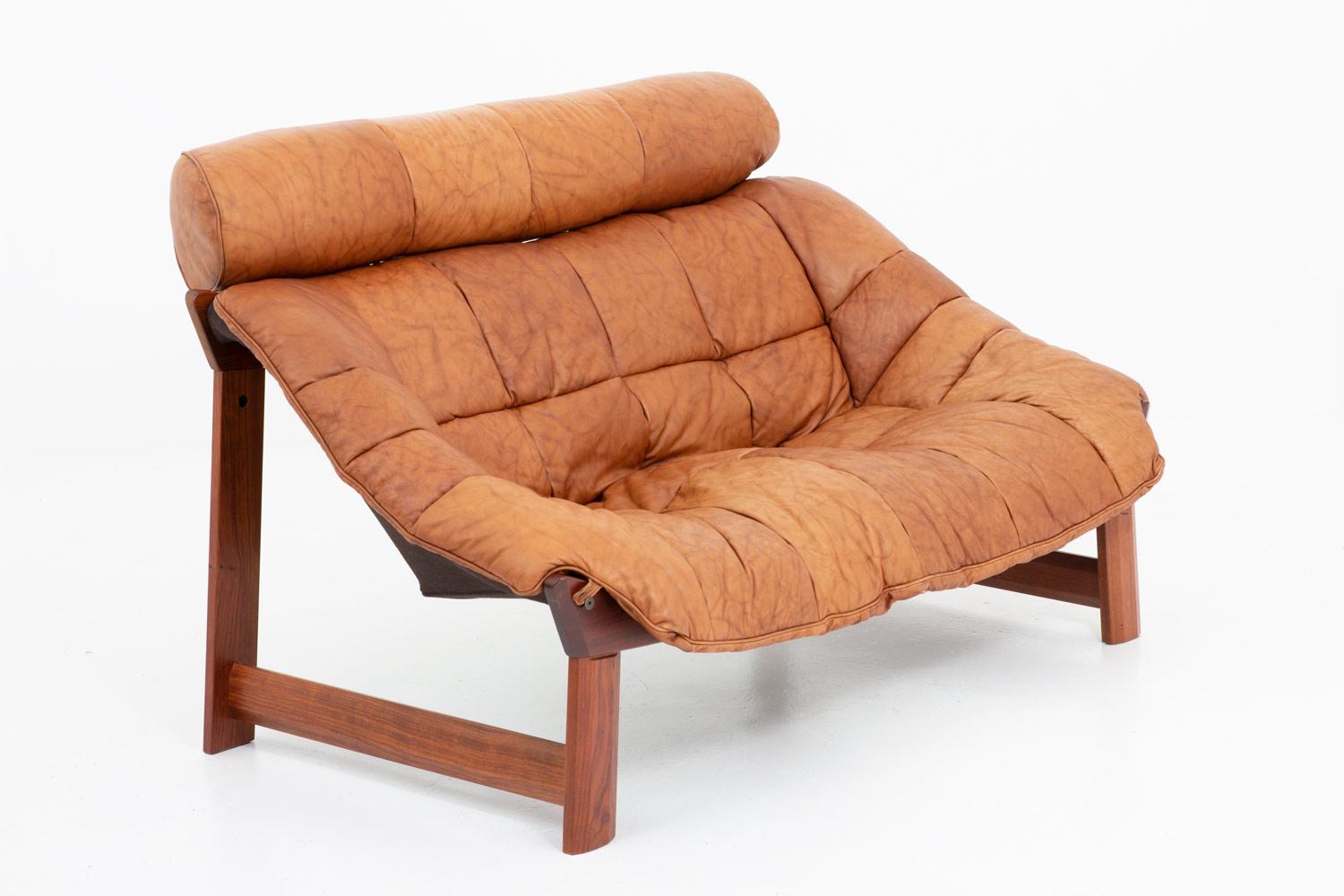 Walnut Percival Lafér-Style Sofas and Lounge Chair in Cognac Leather