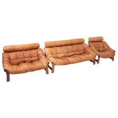 Percival Lafér-Style Sofas and Lounge Chair in Cognac Leather