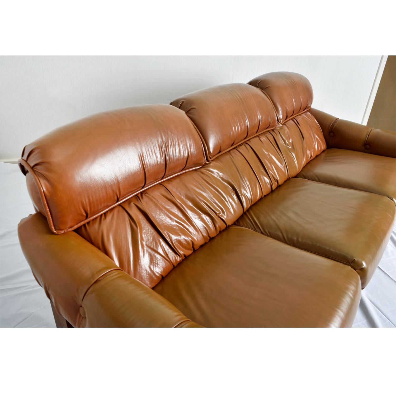 Late 20th Century Percival Lafer Style Vintage Generously Stuffed Butterscotch and Oak Sofa Couch