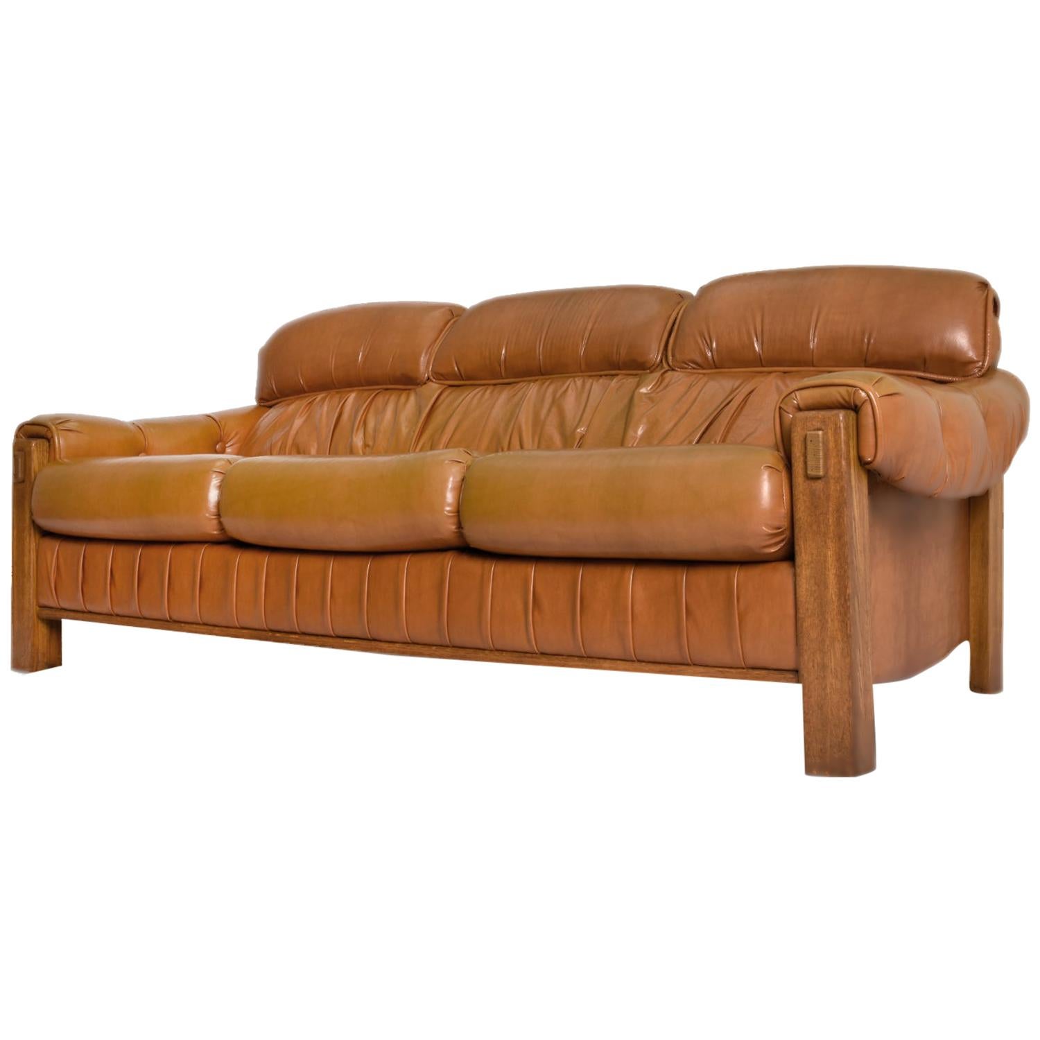 Percival Lafer Style Vintage Generously Stuffed Butterscotch and Oak Sofa Couch