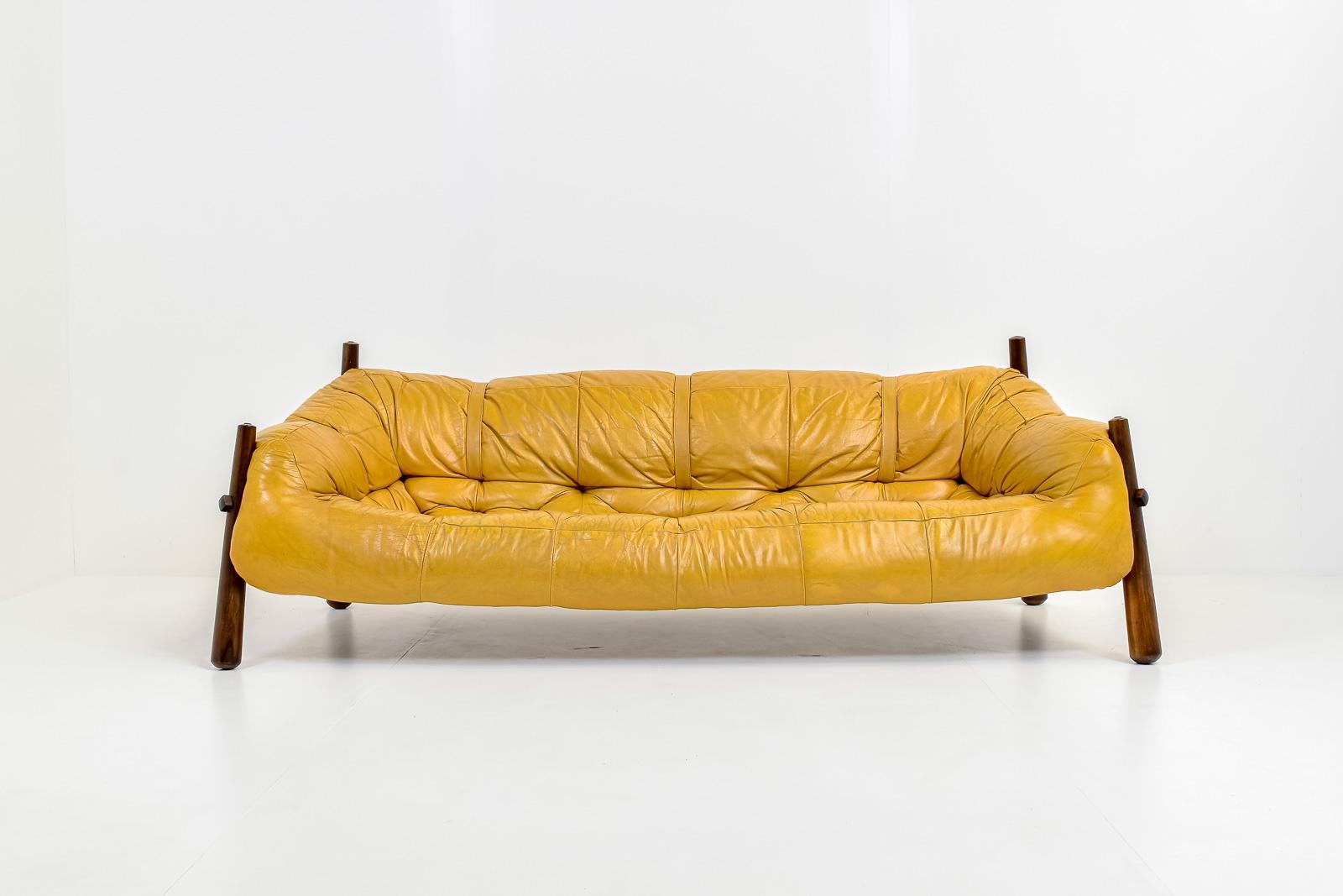 Rare Brazilian sofa in mustard leather and solid jacaranda wooden legs. Model 'MP81' designed around 1960s by Percival Lafer. 
In beautiful original condition, very nice patina. The leather is still very soft and flexible. 

 