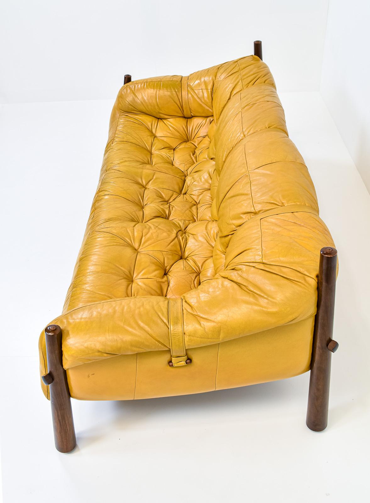 Brazilian Mustard Yellow Leather Three-Seater Sofa by Percival Lafer, model 'MP-81'
