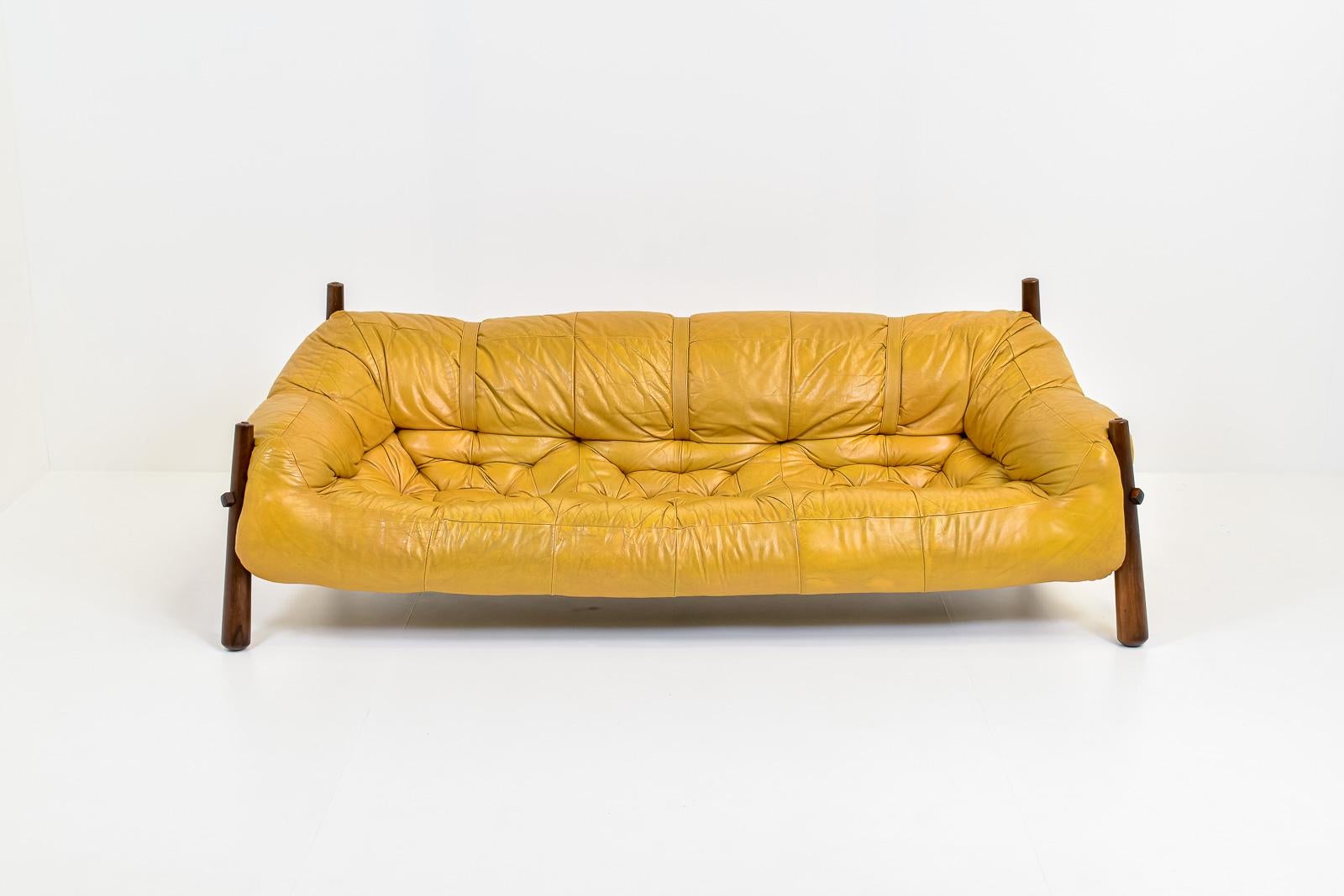 Mid-20th Century Mustard Yellow Leather Three-Seater Sofa by Percival Lafer, model 'MP-81'