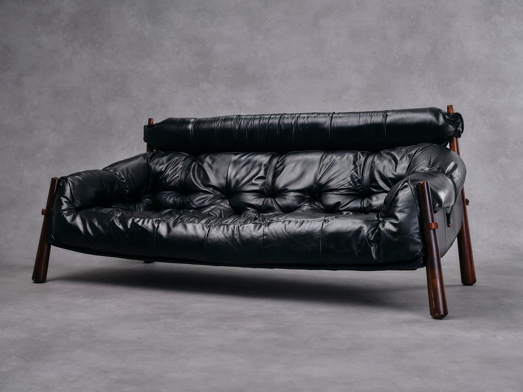 Brazilian Percival Lafer Vintage MP-81 Sofa 1970s Brazil Original Black Leather For Sale