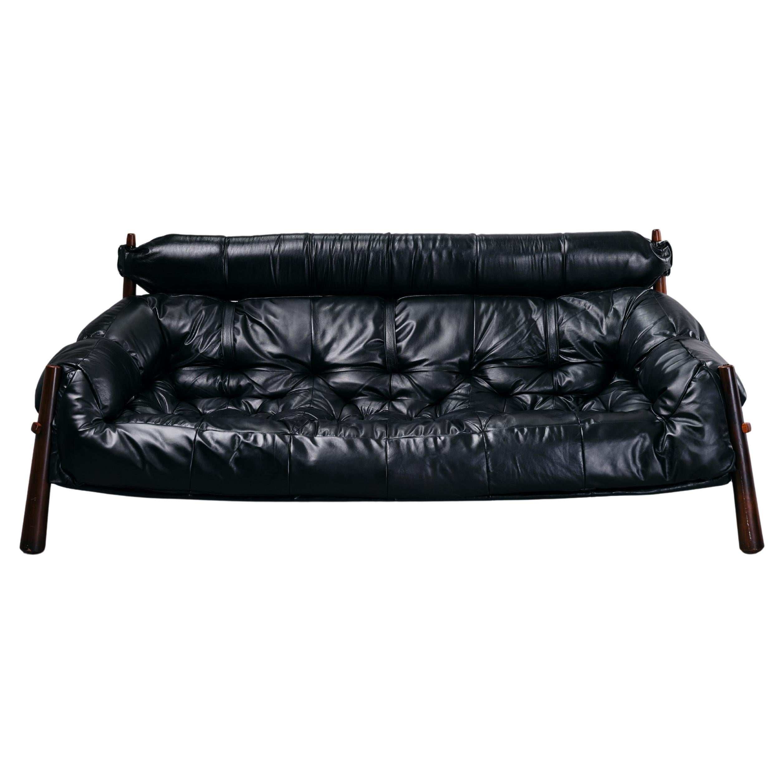 Percival Lafer Vintage MP-81 Sofa 1970s Brazil Original Black Leather For Sale