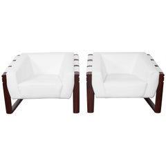 Percival Lafer White Leather Lounge Chairs with Solid Jacaranda Frames, Brazil