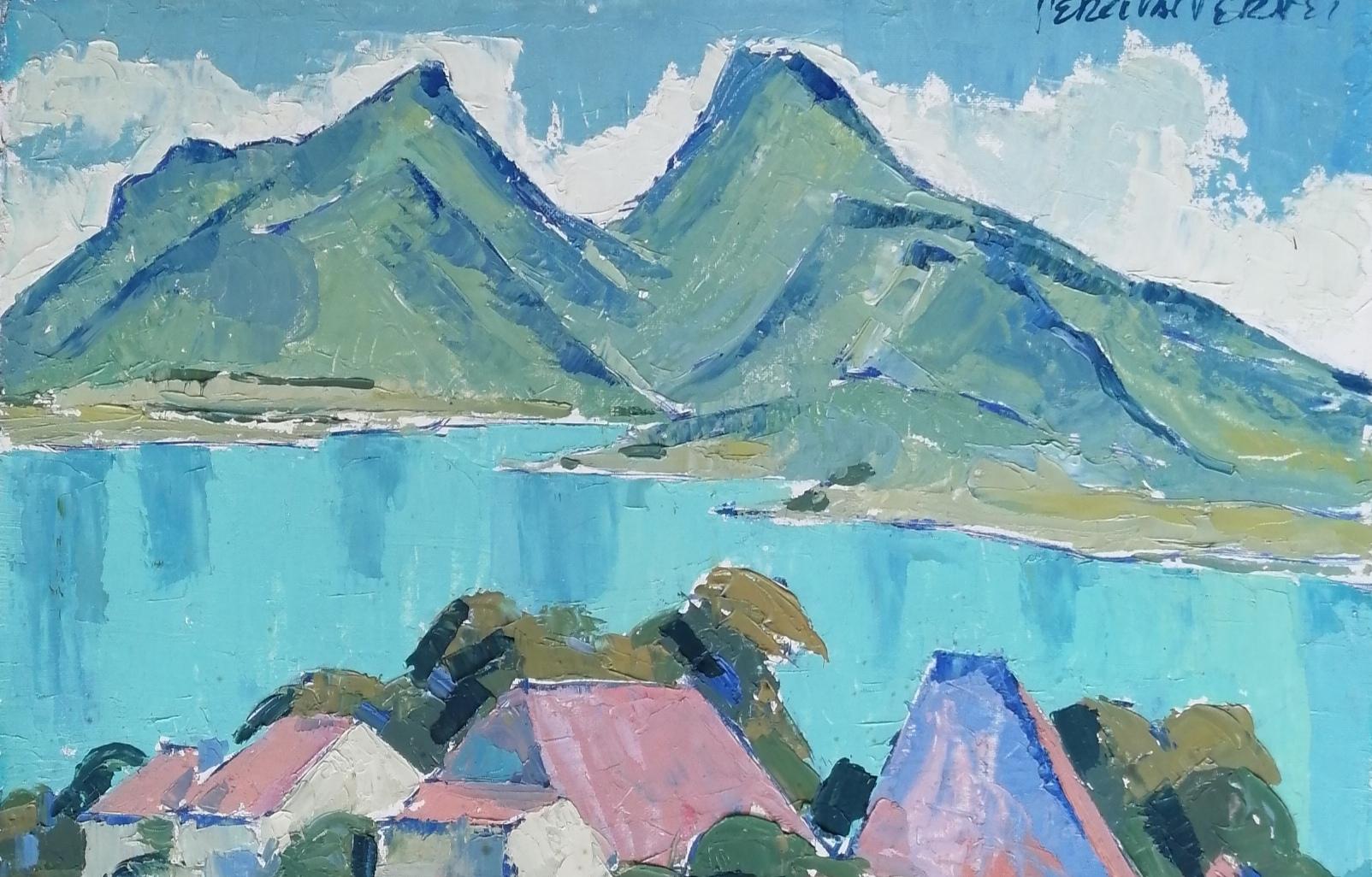 montagnes vertes, village et lac Annecy - Painting de Percival Pernet