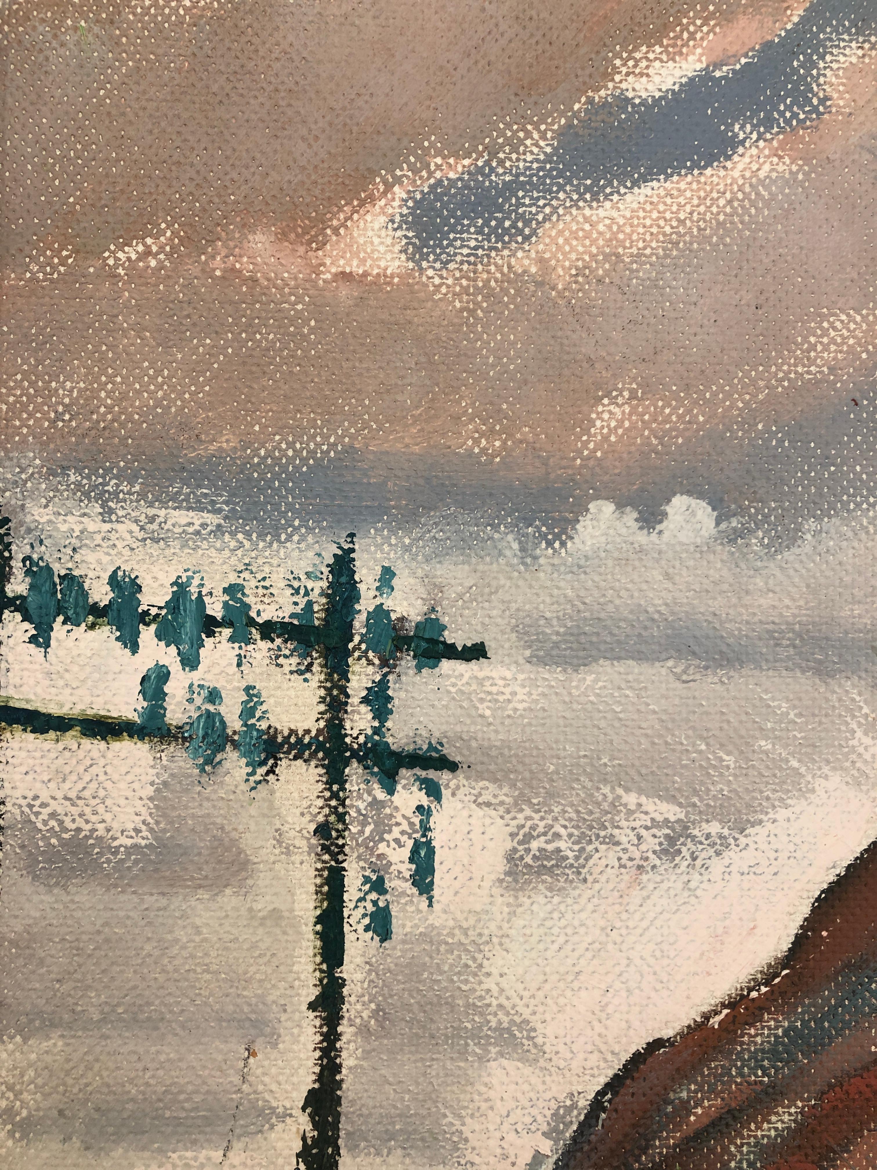 Arbeiten auf Holz
Grauer Holzrahmen
69.5 x 74.5 x 4 cm
Dieses Werk zeigt eine fesselnde Industrielandschaft, deren Horizont von einem imposanten Berg dominiert wird. Im Vordergrund sticht sofort ein rot-weiß gestreiftes Bahnübergangstor ins Auge.