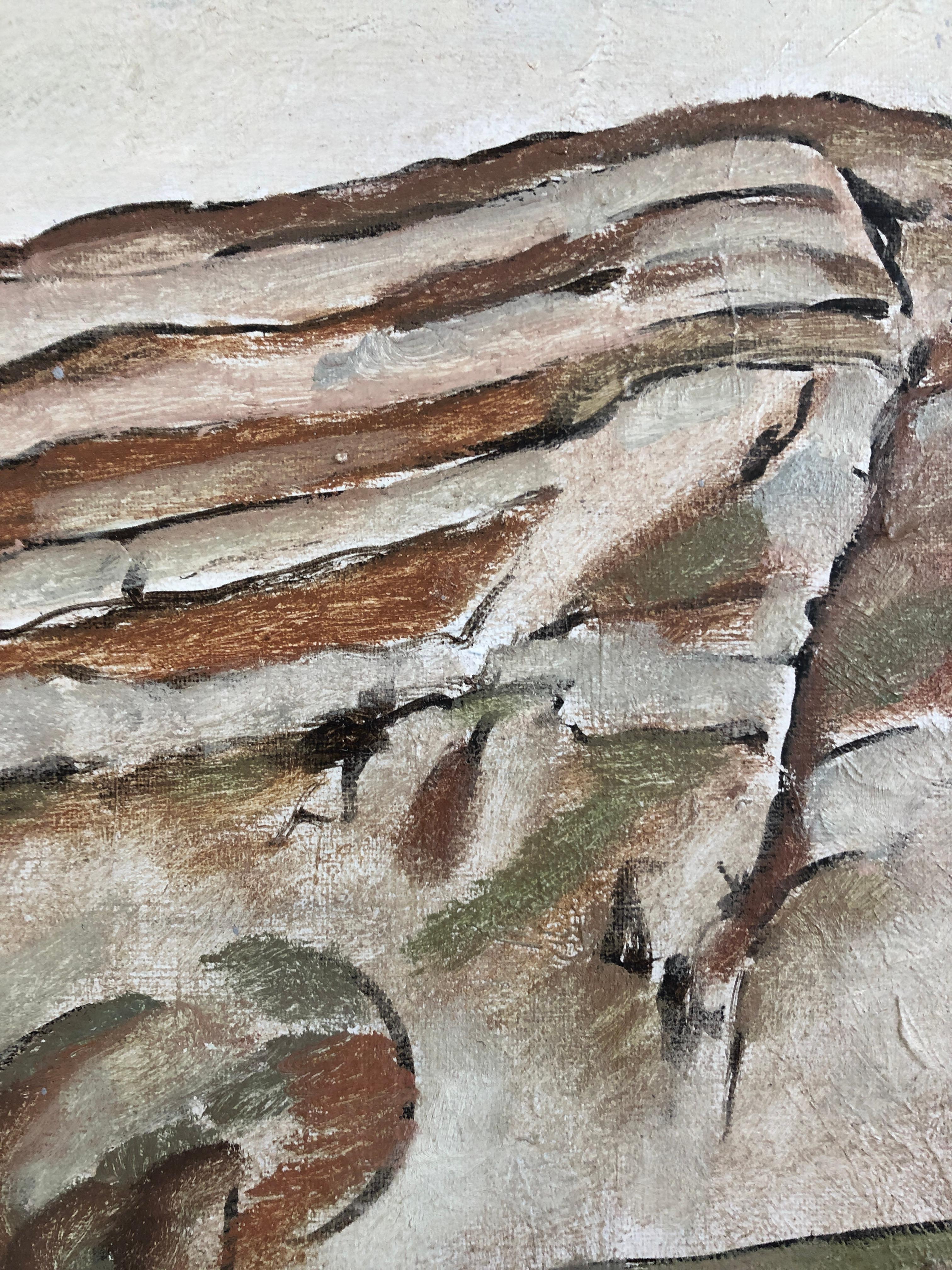 Work on canvas
Grey wooden frame
With frame 75 x 86 x 4 cm
This captivating work depicts a rural landscape in soft, earthy hues, evoking a peaceful, harmonious atmosphere. The rolling hills, in subtle shades of brown and green, dominate the