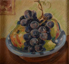 Modernist Still Life with Grapes, Gourds and Pear on a Blue Faience Plate