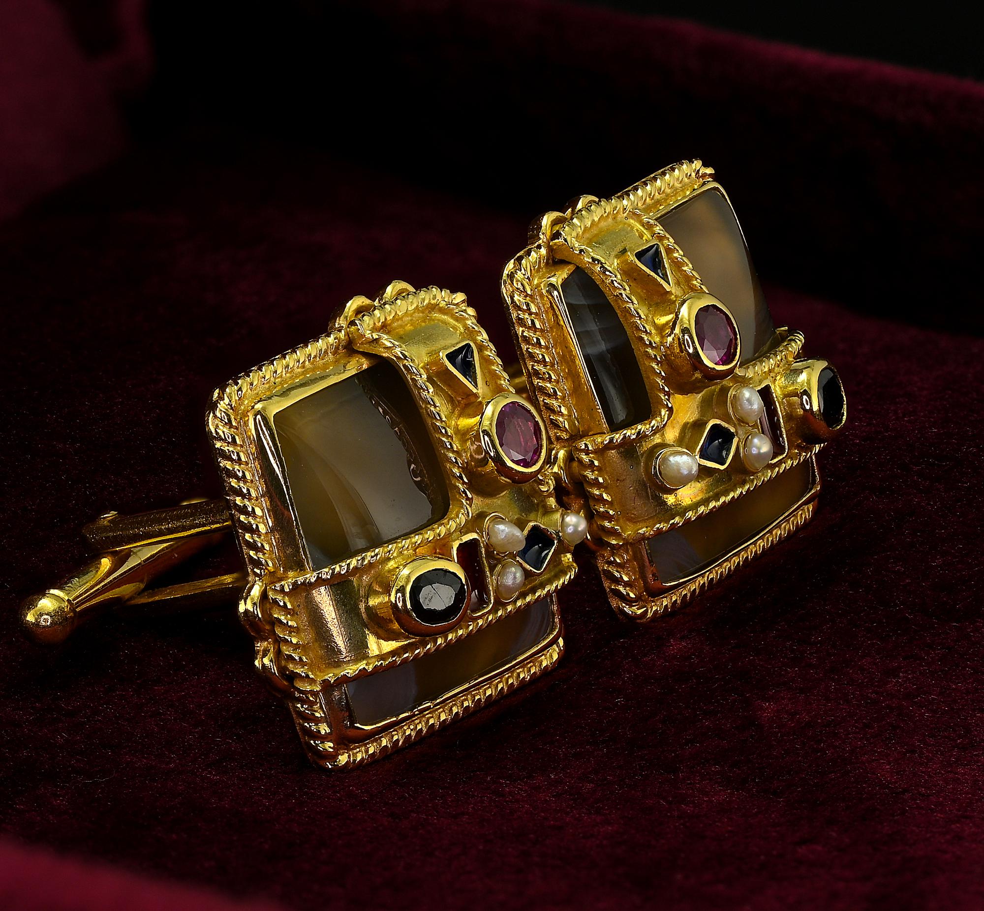 Percossi Papi Signed Agate Multi gem 18 KT Cufflinks In Good Condition For Sale In Napoli, IT